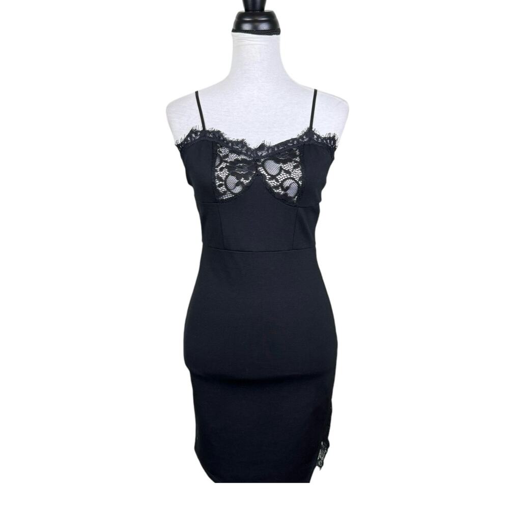 Blanc Black Lace Detail Bodycon Adjustable Spaghetti Strap Mini Dress Side Slit